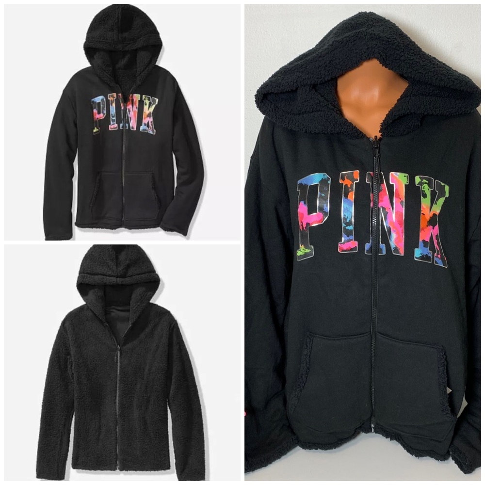 PINK VS REVERSIBLE LOGO SHERPA FULL ZIP HOODED